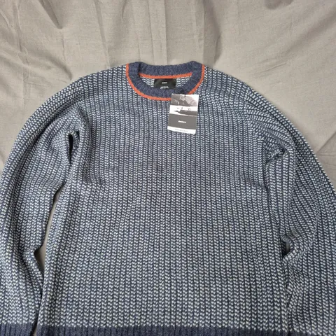 FINISTERRE SELFROST NORDIC PATTERNED CREW SWEATER IN NAVY/DARK ROSEWOOD - XL