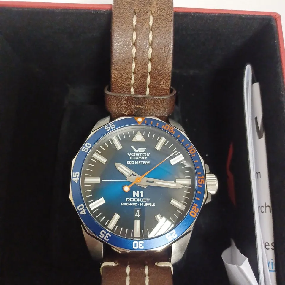 BOXED VOSTOK EUROPE N1 ROCKET AUTOMATIC WATCH GENUINE LEATHER STRAP BROWN