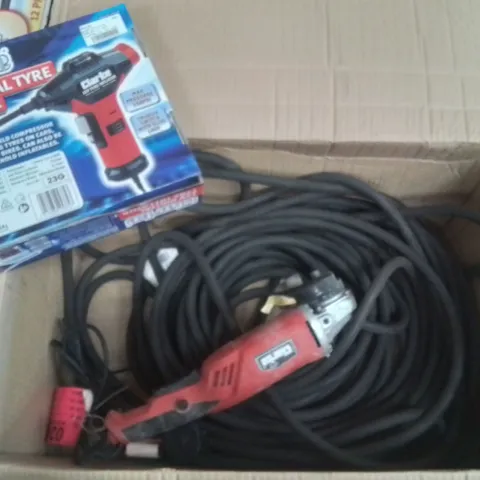 MIXED BOX OF TOOLS TO INCLUDE: ANGLE GRINDER,  AIR COMPRESSOR HOSE AND 12V DIGITAL TYRE INFLATOR 