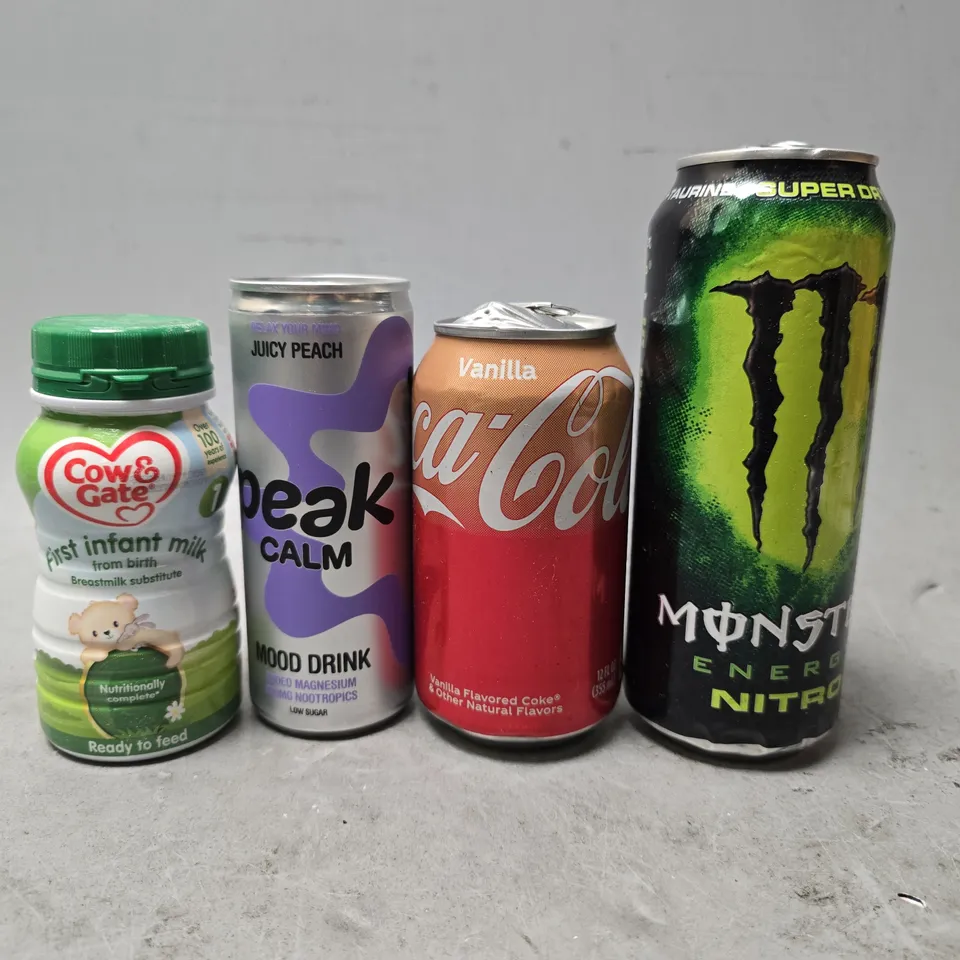 APPROXIMATELY 13 ASSORTED DRINKS ITEMS TO INCLUDE - MONSTER ENGERY NITRO , COCO COLA VANILLA , COW & GATE INFANT MILK ETC