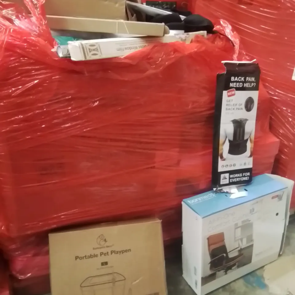 PALLET OF ASSORTED HOUSEHOLD GOODS AND PRODUCTS TO INCLUDE;PORTABLE PET PLAYPEN,CUSHION,BACK BRACE
