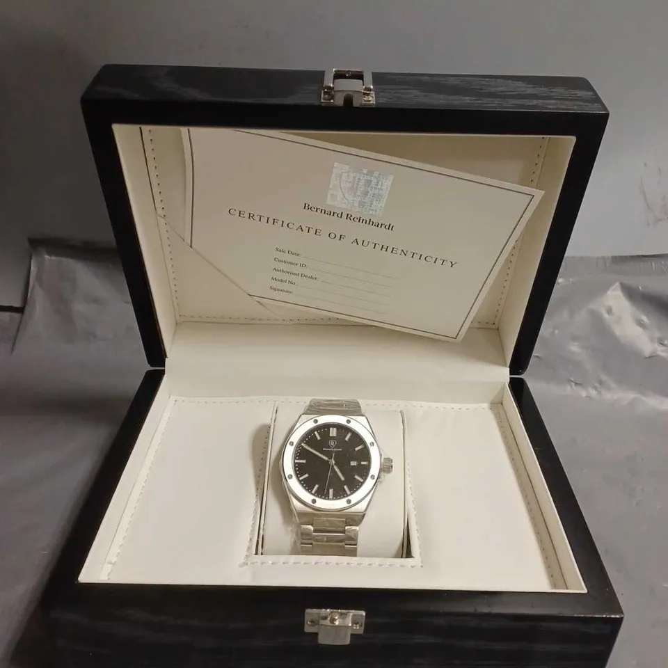 BOXED BERNARD REINHARDT WATCH BLACK DIAL 316 STAINLESS STEEL CASE