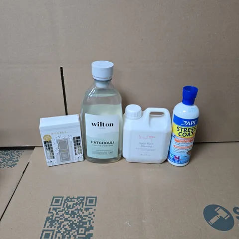 TOTE OF APPROXIMATELY 12 HOUSEHOLD LIQUIDS TO INCLUDE API STRESS COAT+, WILTON PATCHOULI LAUNDRY LIQUID AND SATIN FLOOR DRESSING