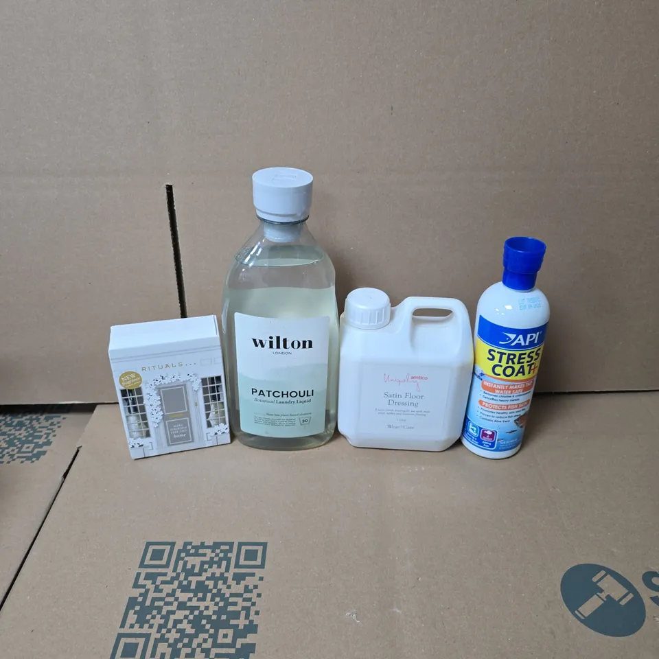 TOTE OF APPROXIMATELY 12 HOUSEHOLD LIQUIDS TO INCLUDE API STRESS COAT+, WILTON PATCHOULI LAUNDRY LIQUID AND SATIN FLOOR DRESSING