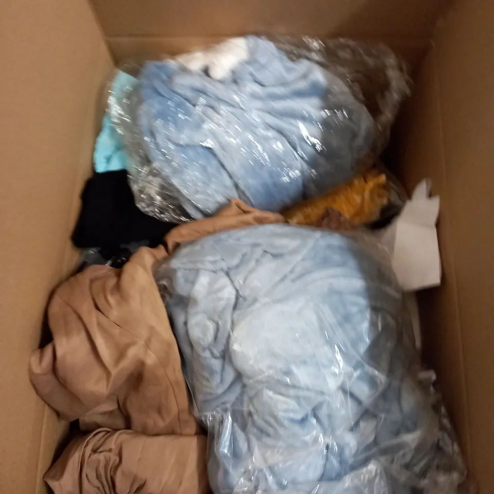 BOX OF ASSORTED CLOTHING ITEMS TOO INCLUDE JUMPERS, SHIRTS AND TROUSERS IN VARIOUS SIZES AND COLOURS   