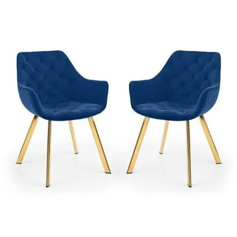 BOXED JULIAN BOWEN LORENZO SET OF 2 BLUE AND GOLD FABRIC DINING CHAIRS