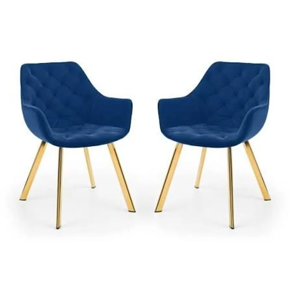 BOXED JULIAN BOWEN LORENZO SET OF 2 BLUE AND GOLD FABRIC DINING CHAIRS