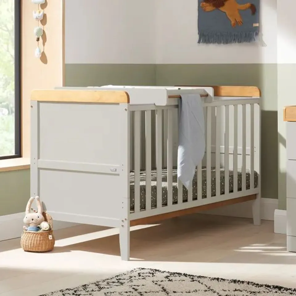 BOXED TUTTI BAMBINI RIO COT BED WITH COT TOP CHANGER - DOVE GREY AND HONEY OAK FINISH 