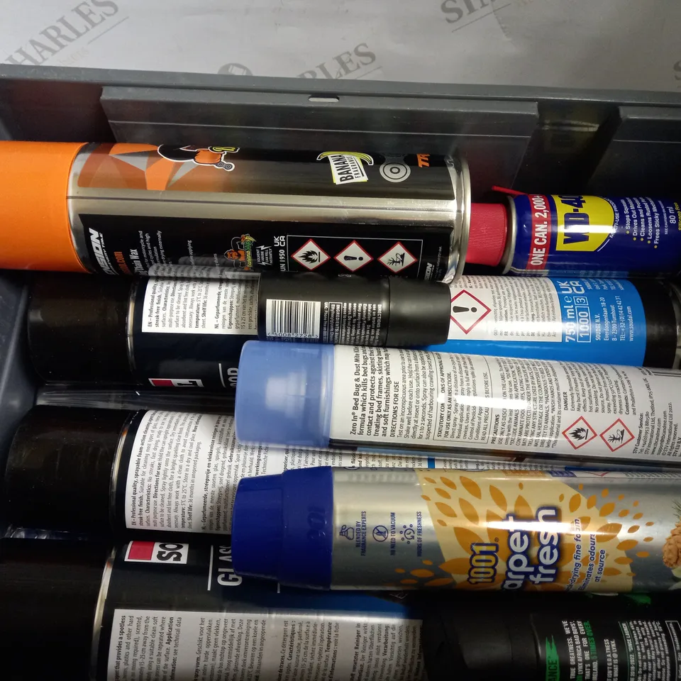 BOX OF APPROX 10 ASSORTED AEROSOLS INCLUDING ZERO BED BUG AND DUST KILLER, WD-40 AND 1001 CARPET FRESH - COLLECTION ONLY