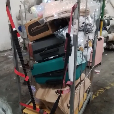CAGE OF ASSORTED HOUSEHOLD GOODS AND PRODUCTS TO INCLUDE;SUITCASES,DUMBBELL,PLAYPEN 