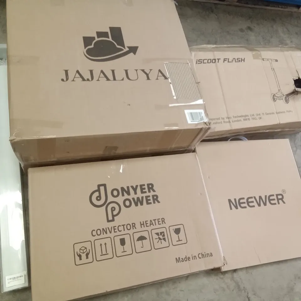 PALLET OF ASSORTED ITEMS INCLUDING JAJALUYA OFFICE CHAIR, DONYER POWER CONVECTOR HEATER, ISCOOT FLASH SCOOTER, DAY & NIGHT BLINDS, NEEWER PHOTO STUDIO LIGHT BOX, OLARHIKE DOUBLE HIGH AIR MATTRESS 