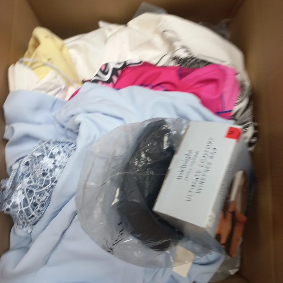 LARGE BOX OF APPROXIMATELY 25 ASSORTED CLOTHING ITEMS IN VARIOUS COLOURS, STYLES AND SIZES - COLLECTION ONLY