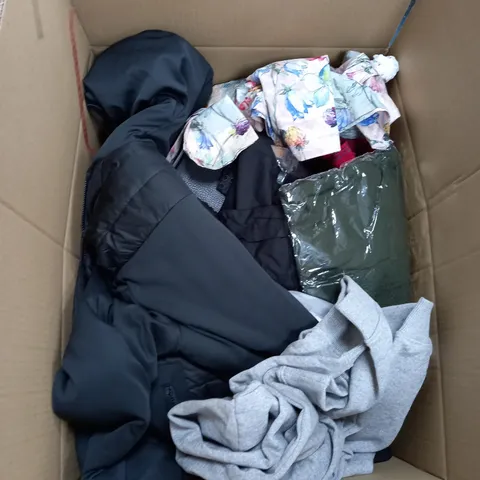 BOX OF ASSORTED CLOTHING ITEMS TOO INCLUDE TOPS , TROUSERS AND DRESSES , ETC