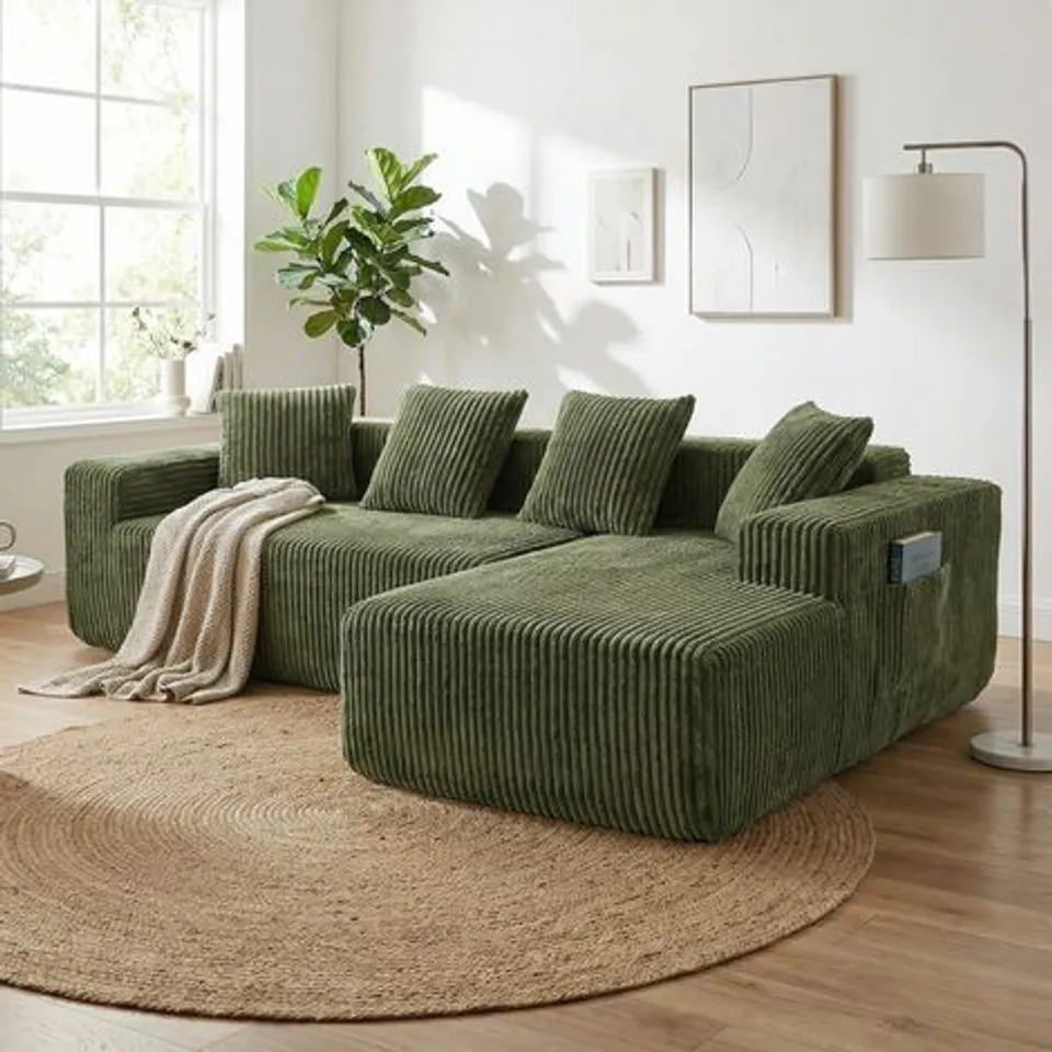 BOXED COMPRESSED 3-SEATER CORNER SOFA IN GREEN CORDUROY, MODULAR SOFA, DEEP SEATS, STRAIGHT CHAISE LONGUE, NO ASSEMBLY REQUIRED, 261X156X80CM (2 BOXES)
