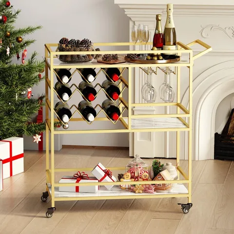 BOXED STAMATINA 3-TIER METAL BAR CART WITH WINE RACK AND GLASS STORAGE