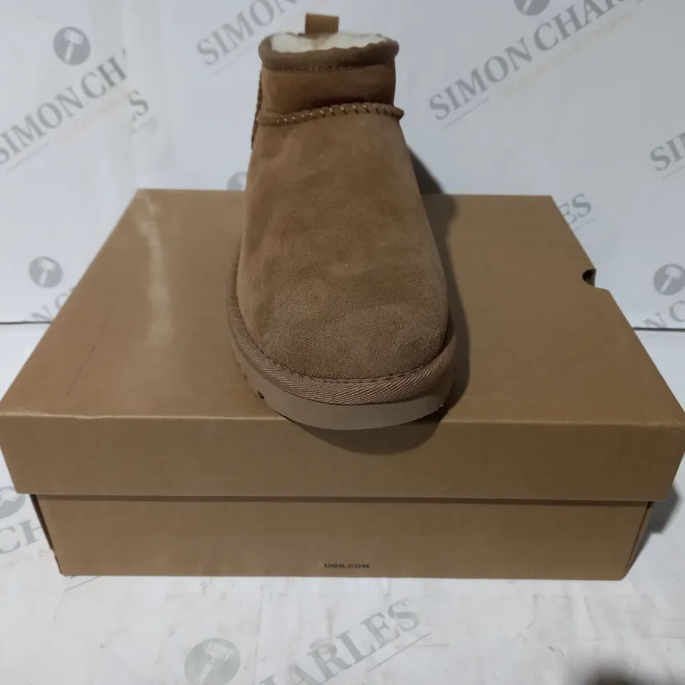 BOXED PAIR OF UGG CLASSIC ULTRA MINI SHOES IN TAN UK SIZE 4