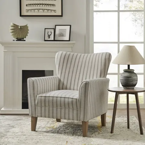 BOXED GUSTAF FARMHOUSE 31" POLYESTER ARMCHAIR WITH SOLID WOOD LEGS - GREY (1 BOX)