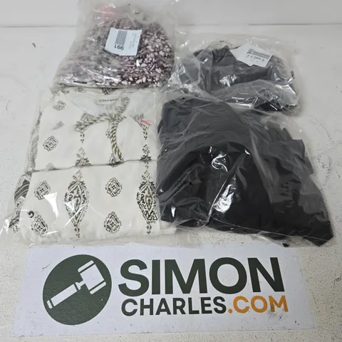 APPROXIMATELY 22 ASSORTED CLOTHING ITEMS IN VARIOUS SIZES, STYLES & SIZES TO INCLUDE BLACK DRESS, PEARL WHITE DRESS, JERSEY BUTTON SHIRT, ETC - COLLECTION ONLY 