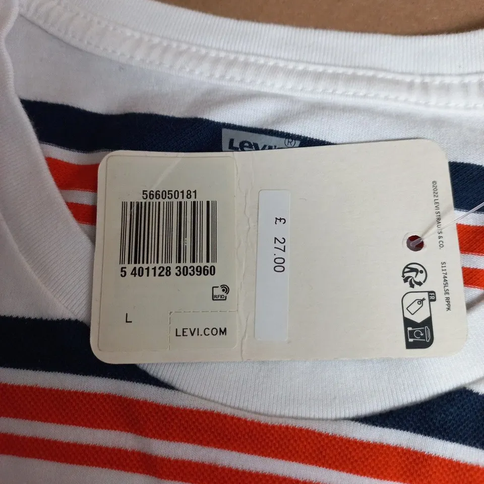 LEVI'S STRIPED T-SHIRT – WHITE WITH NAVY & RED STRIPES – SIZE L
