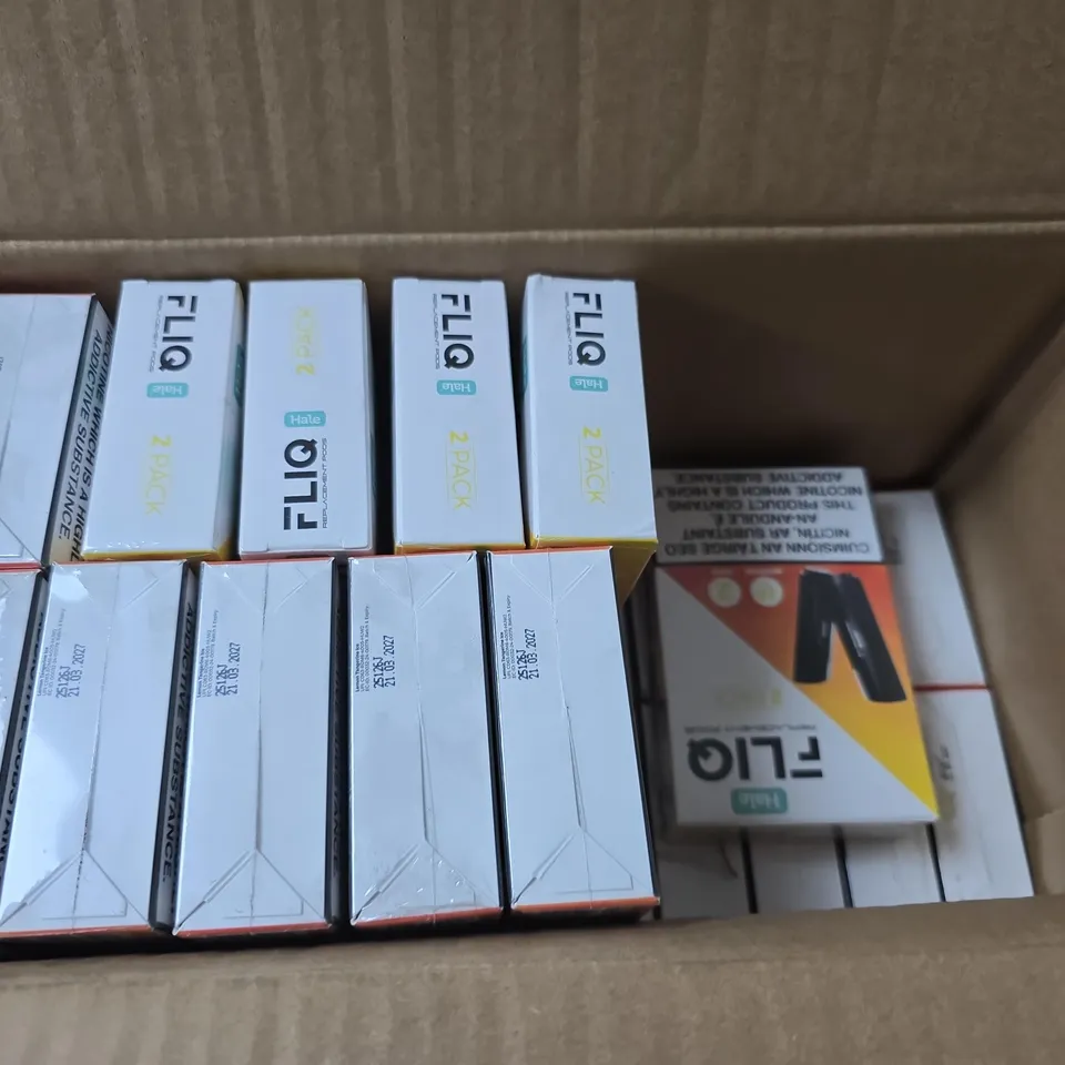 APPROXIMATELY 150 BOXED HALE FLIQ LEMON TANGERINE ICE REPLACEMENT POD PACKS (2 REPLACEMENT PODS PER PACK)