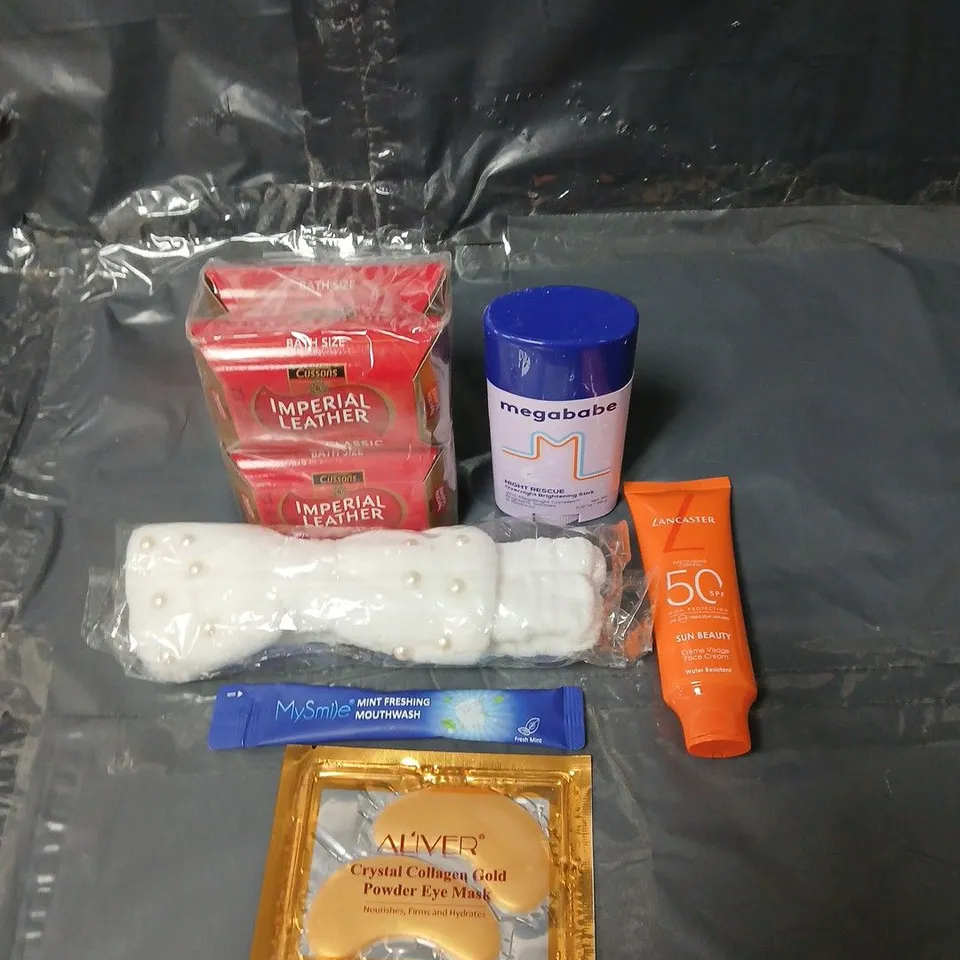 APPROXIMATEY 20 ASSORTED HEALTH AND BEAUTY PRODUCTS TO INCLUDE IMPERIAL LEATHER SOAP, ALIVER EYE MASKS AND MEGABABE BRIGHTENING STICK