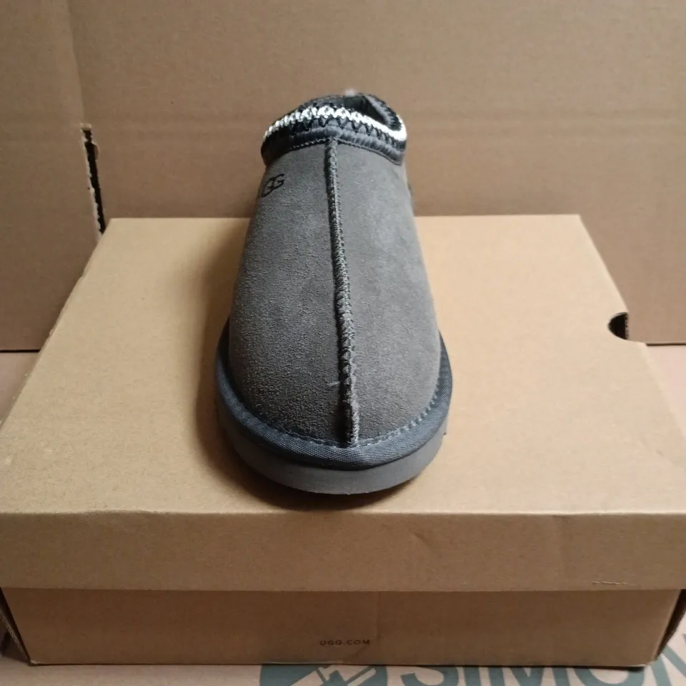 BOXED PAIR OF UGG SLIPPERS – CHARCOAL GREY SUEDE, FUR-LINED, SLIP-ON - SIZE UNSPECIFIED 