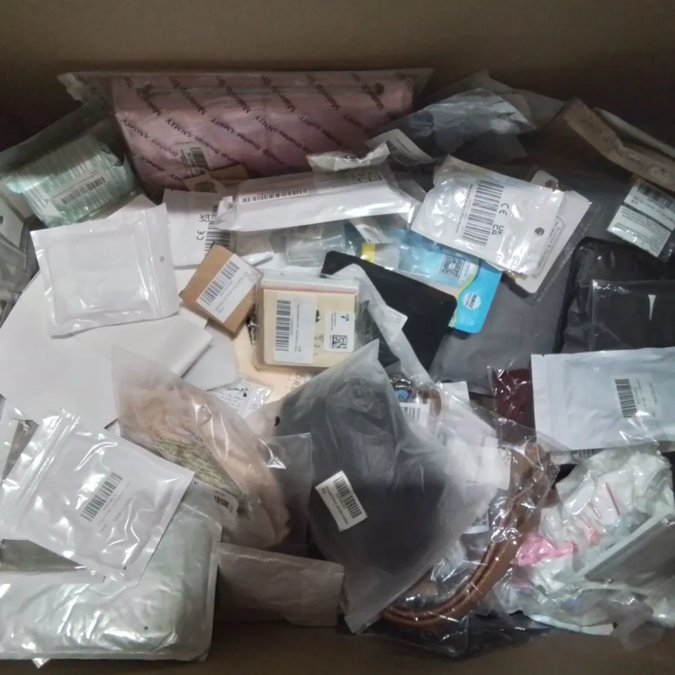 BOX CONTAINING LARGE AMOUNT OF MIXED FASHION ITEMS, SILVER PLATE AND COSTUME JEWELLERY, CLOTHING ITEMS ETC.