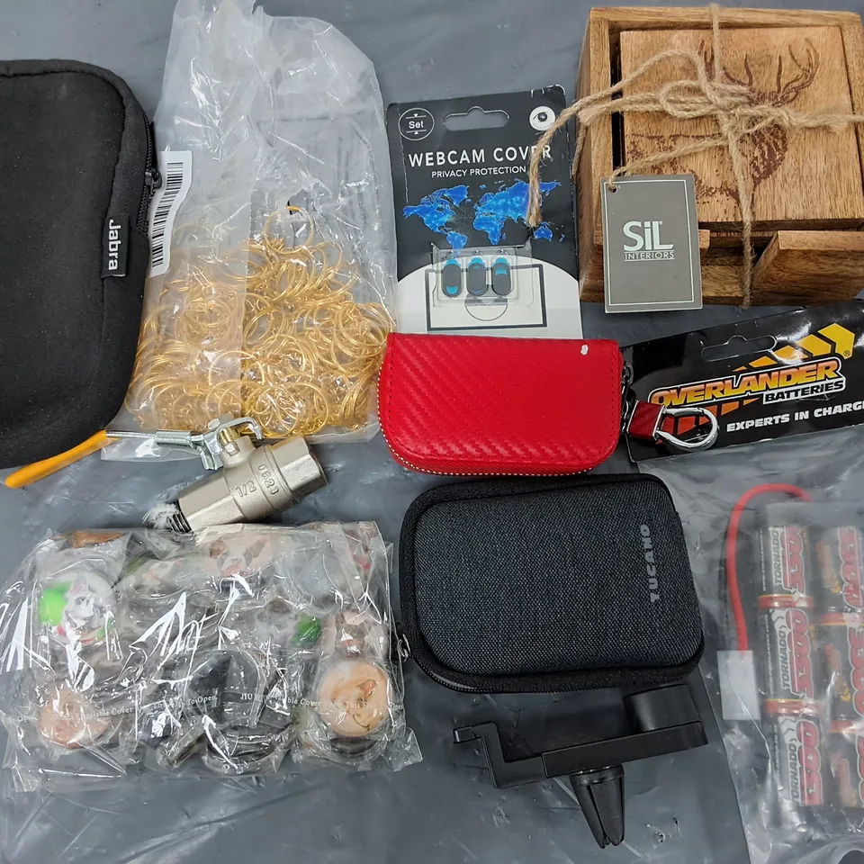 LOT OF ASSORTED ITEMS TO INCLUDE OVERLANDER TORNADO 3300 BATTERY, WOODEN COASTERS,DOG THEMED MAGNETS AND STORAGE CASES