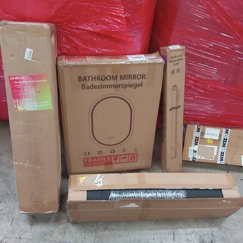 PALLET OF ASSORTED ITEMS INCLUDING: BATHROOM MIRROR, RETRACTABLE GATE, ARTIFICIAL GRASS, DUMBELL RACK ECT