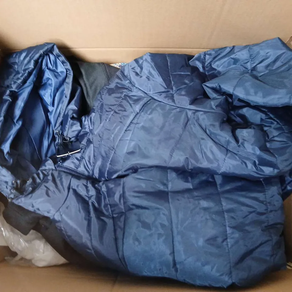 LARGE BOX OF ASSORTED CLOTHING ITEMS IN VARIOUS SIZES, STYLES AND COLOUR TO INCLUDE COAT, SWEATER, SKIRT, ETC