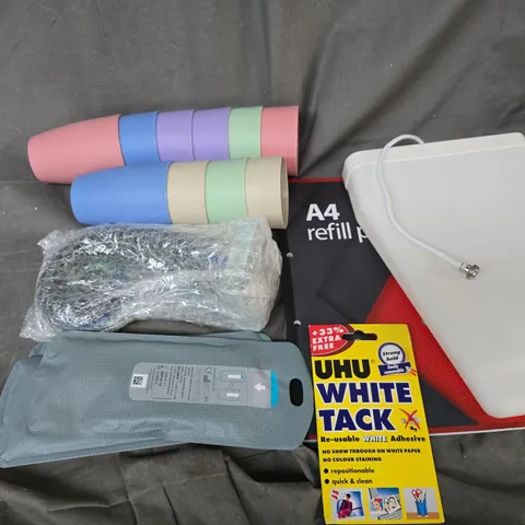 APPROXIMATELY 12 ASSORTED HOUSEHOLD ITEMS TO INCLUDE BEAKERS, WHITE TACK, A4 PAD, ETC