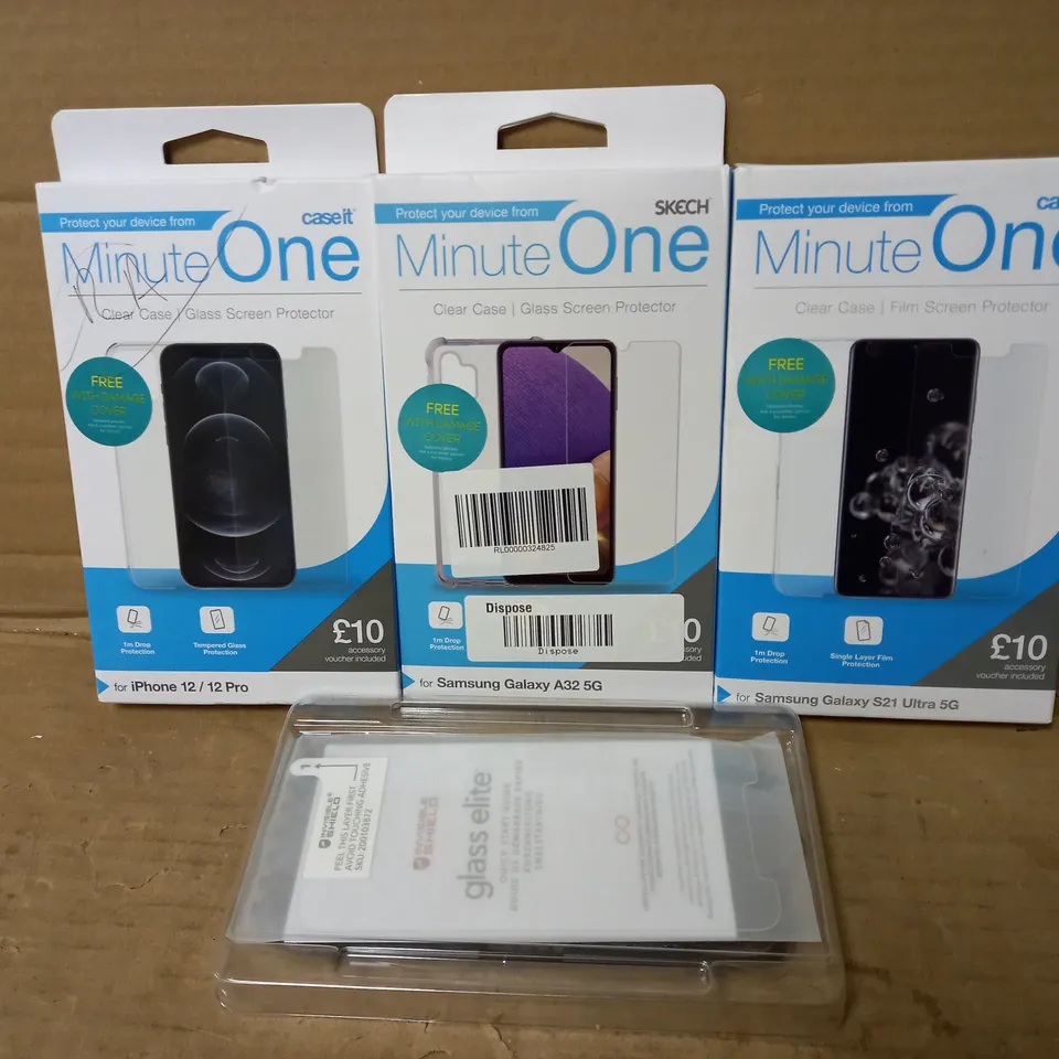 LOT OF 4 ITEMS INCLUDING MINUTE ONE CLEAR CASES FOR IPHONE 12/12 PRO, SAMSUNG GALAXY S21 ULTRA 5G, SAMSUNG GALAXY A32 5G