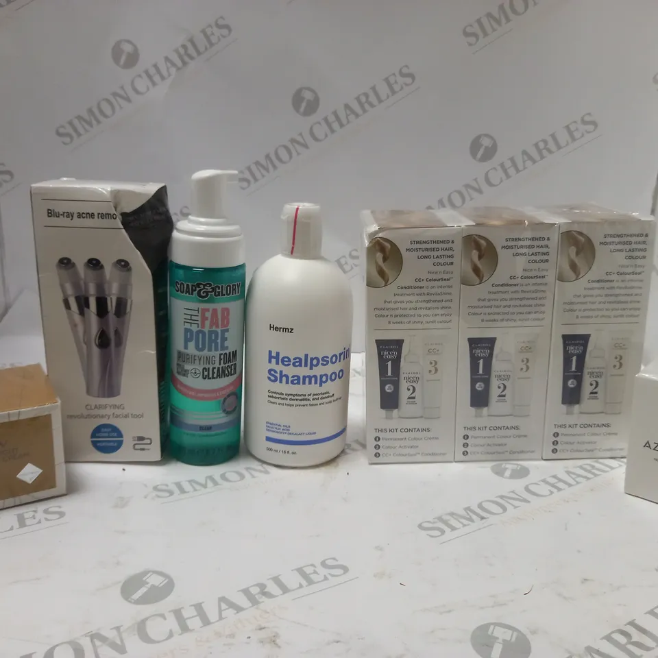 APROXIMATLEY 20 COSMETICS ITEMS TO INCLUDE AZIO BEAUTY ANT-WRINKLE SERUM (50g), CLAIROL NICE'N EASY CREME (60ml), HERMZ HEALPSORIN SHAMPOO (500ml), ETC