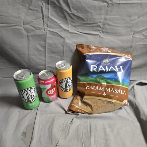 APPROXIMATELY 10 ASSORTED FOOD/DRINK PRODUCTS TO INCLUDE GARAM MASALA, 7UP, HEMP DRINKS ETC 