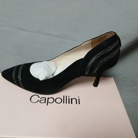CAPOLLINI BLACK SUEDE HIGH HEELS – UK 8.5 (EU 41) – POINTED TOE WITH RHINESTONE TRIM
