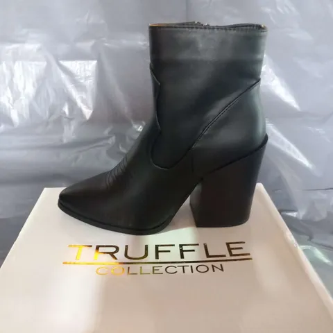 BOXED TRUFFLE BLACK SYNTHETIC ANKLE BOOTS SIZE 3