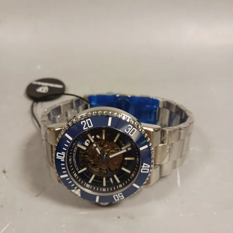 MENS DESCHAMPS & CO AUTOMATIC WATCH – SKELETON DIAL – CERAMIC BEZEL - STAINLESS STEEL STRAP