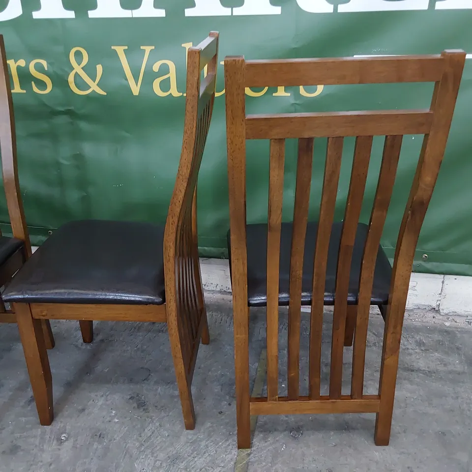 SET OF FOUR DARK WOOD DINING CHAIRS WITH BLACK PU SEATS