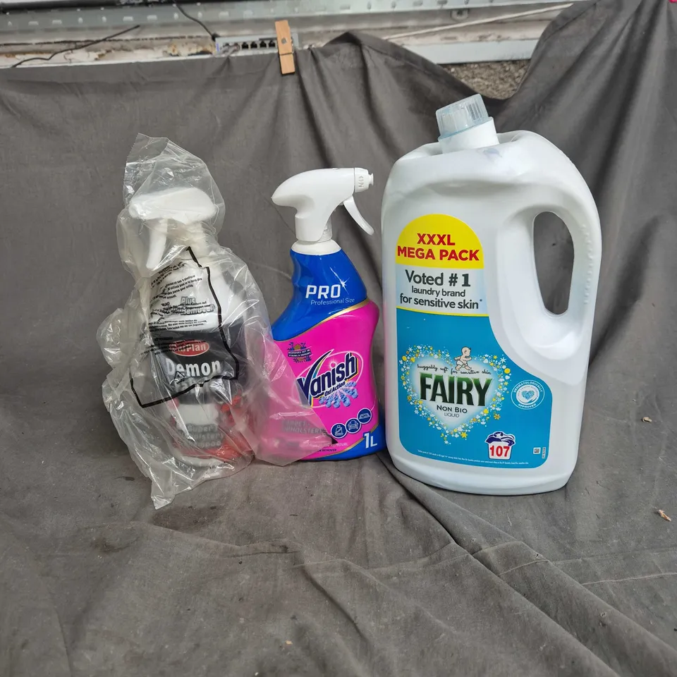 APPROXIMATELY 5 HOUSEHOLD CLEANING ITEMS TO INCLUDE FAIRY NON BIO, VARNISH CARPET AND UPHOLSTERY, DEMON FABRIC CLEANER ETC