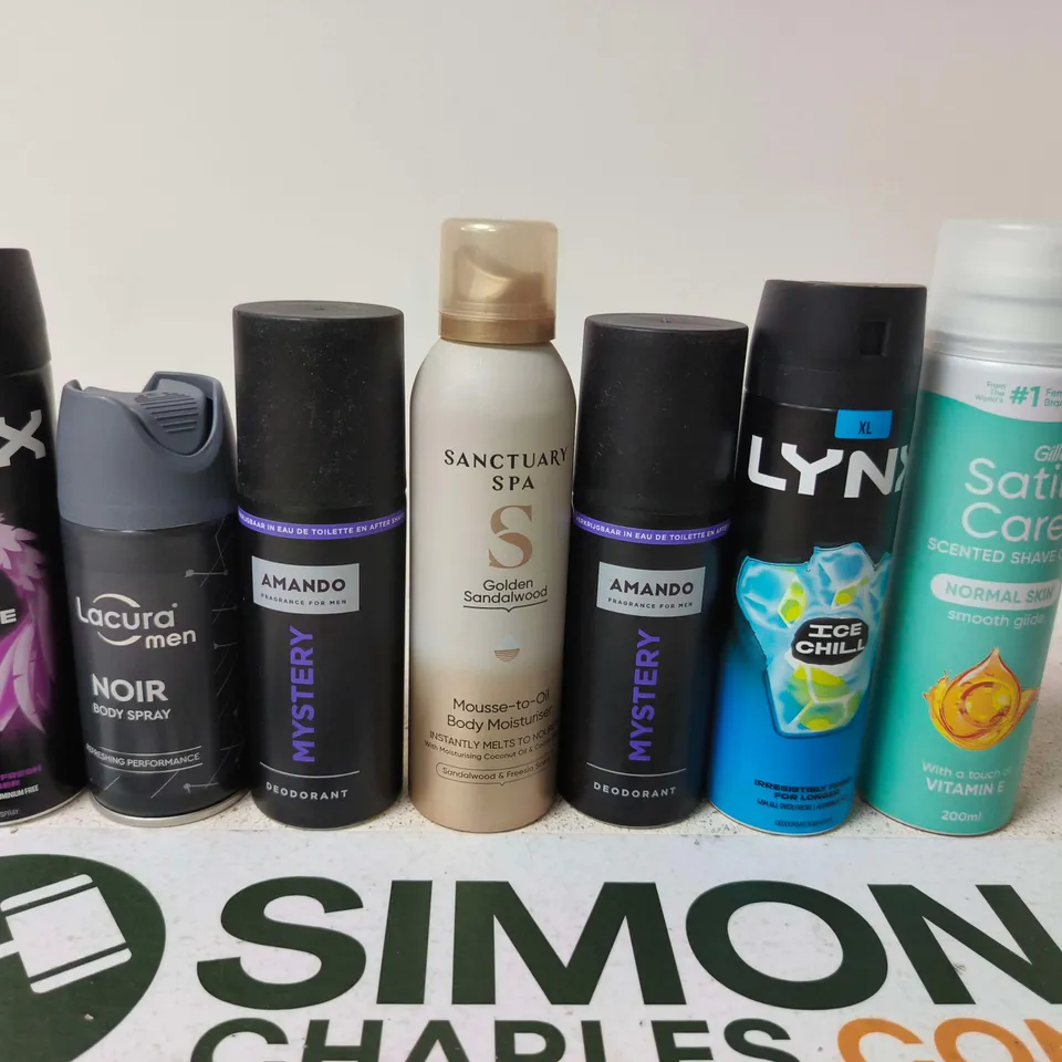 APPROXIMATELY 15 ASSORTED AEROSOLS TO INCLUDE LYNX , SANCTUARY SPA AND AMANDO