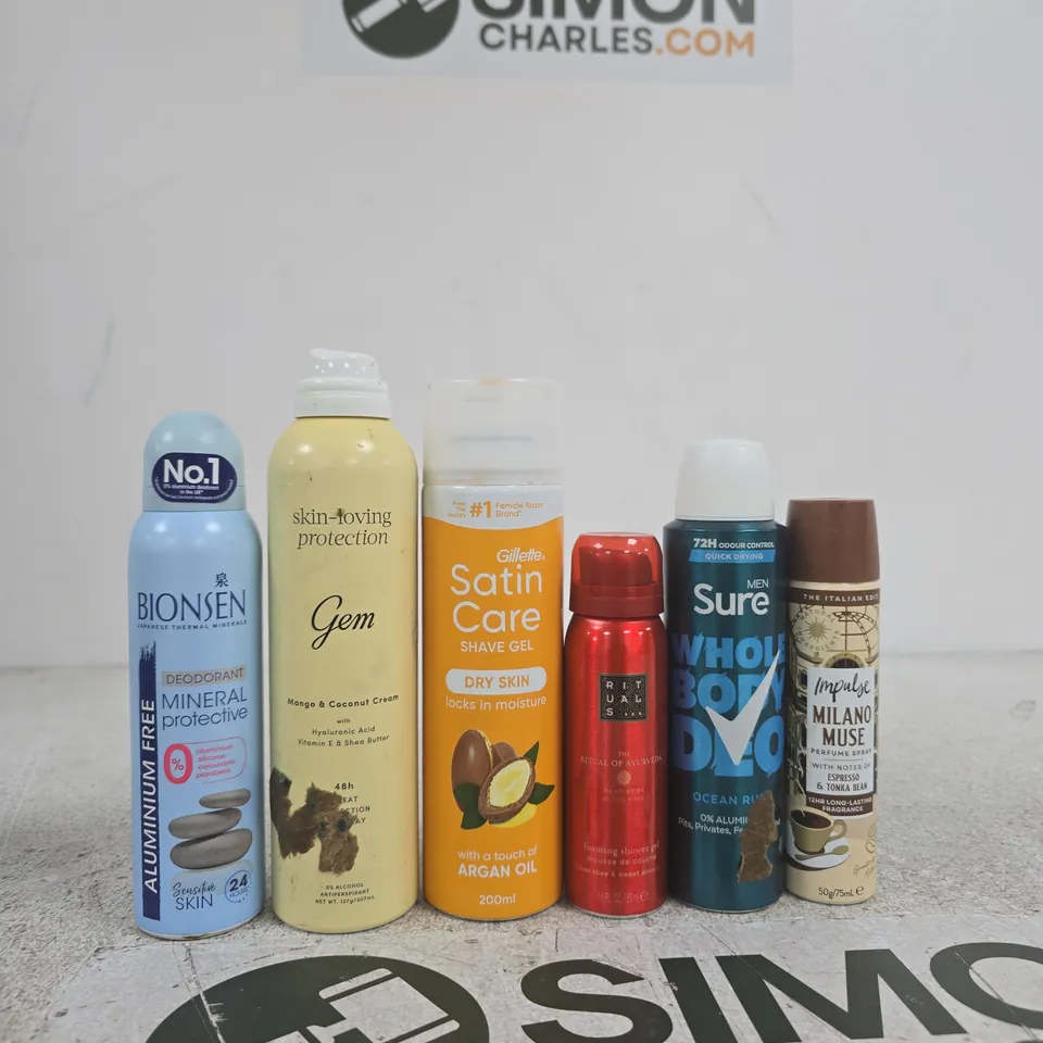 APPROXIMATELY 15 ASSORTED ITEMS INCLUDING IMPULSE PERFUME SPRAY, SURE WHOLE BODY DEO AND RITUALS FOAMING SHOWER GEL