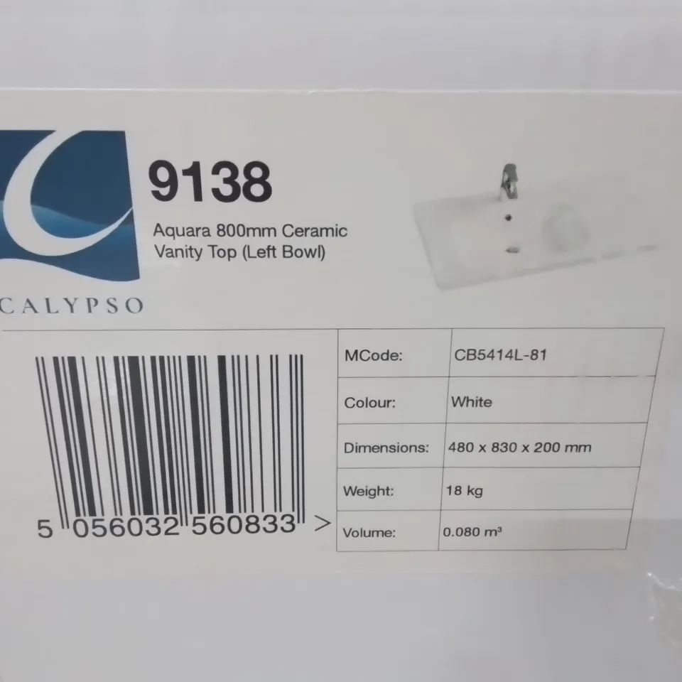 BOXED AS NEW CALYPSO AQUARA 800MM CERAMIC VANITY TOP - 480X830X200MM