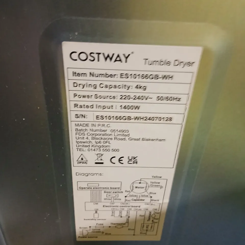 COSTWAY TUMBLE DRYER 4KG – WHITE, 220-240V, MODEL ES10166GB-WH