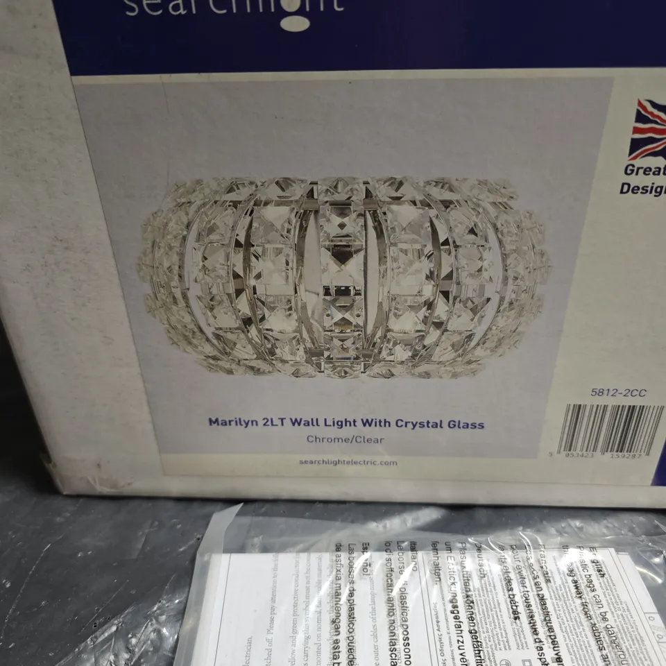 SEARCHLIGHT MARILYN 2LT WALL LIGHT WITH CRYSTAL GLASS – CHROME/CLEAR - COLLECTION ONLY