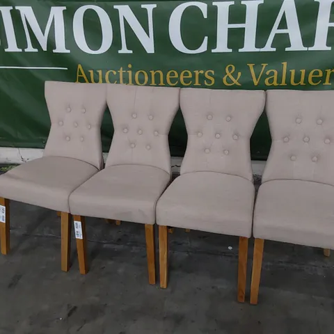 SET OF FOUR UPHOLSTERED BUTTONED BACK DINING CHAIRS NATURAL FABRIC ON NATURAL WOOD LEGS