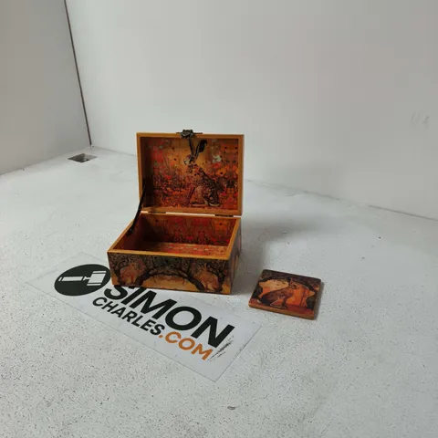 DECORATIVE LACQUERED TRINKET BOX WITH HARE AND TREES MOTIF