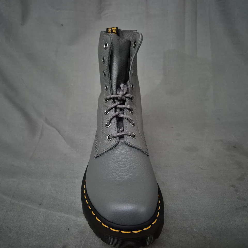 BOXED PAIR OF DR MARTENS 1460 PASCAL ANKLE BOOTS IN GUNMETAL UK SIZE 8