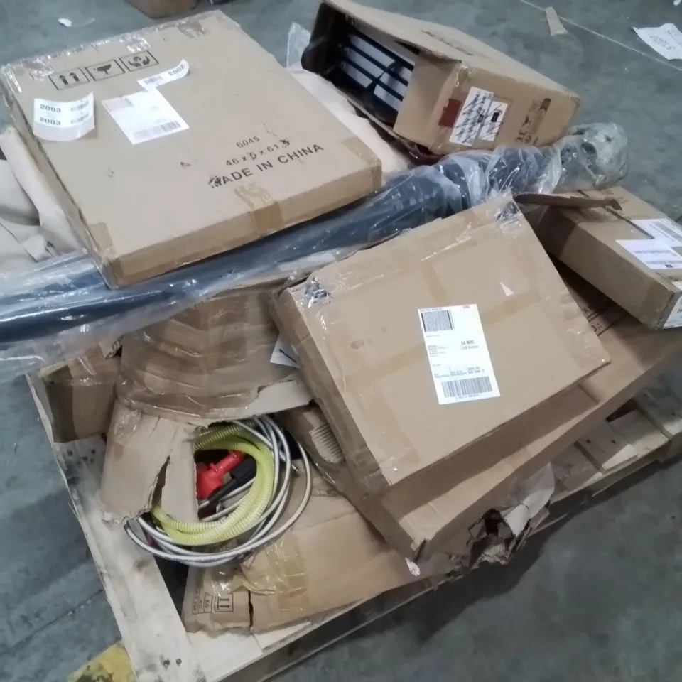 PALLET CONTAINING VARIOUS ASSORTED CUSTOMER RETURNS TO INCLUDE: GARDEN PARASOL AND LOTS MORE UNMARKED BOXED ITEMS 