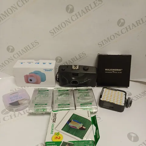 APPROXIMATELY 15 ASSORTED PHOTOGRAPHY PRODUCTS TO INCLUDE LED FLASH, CHILDRENS DIGITAL CAMERA FUJIFILM INSTAX INSTANT FILM ETC