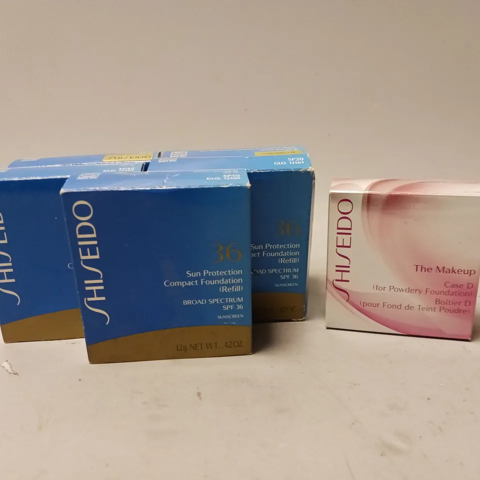 6 BOXED SHISEIDO BEAUTY PRODUCTS TO INCLUDE SUN PROTECTION COMPACT FOUNDATION REFILL, THE MAKEUP CASE D FOR POWDERY FOUNDATION 